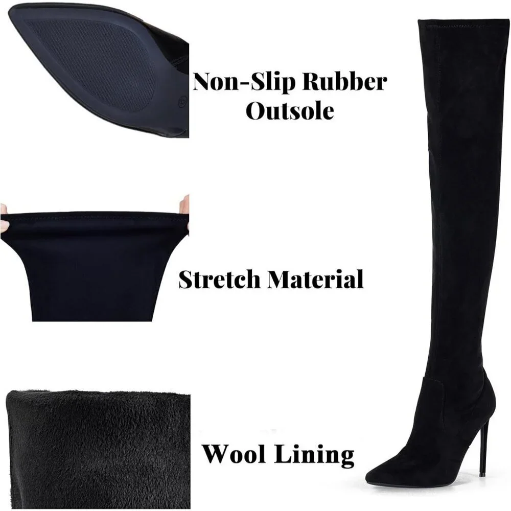 Women Black Suede Wools Lining Pointed Toe 4.3 inch Stilettos Thigh High Boots